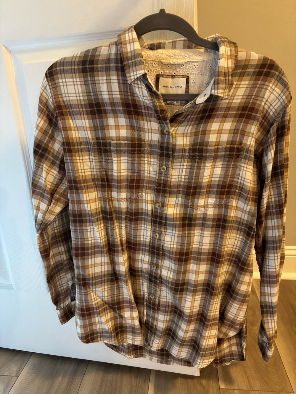 American Eagle Outfitters Brown and Cream Plaid Button-Up Shirt